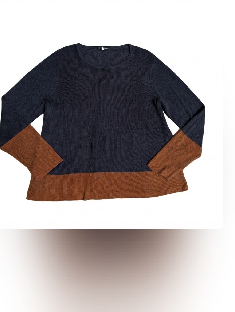 Eileen Fisher Colorblock Sweater Large Navy Blue Rust Brown Tencel Silk Knit